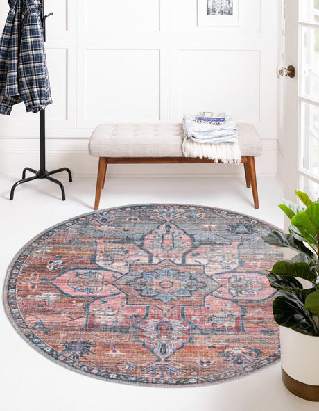 Washable Multicolor 4' 1 x 4' 1 Nostalgia Round Area Rug Easy to Clean Stain Resistant & Durable Polyester Chenille Vintage Distressed Carpet for Sale at Rug Engine