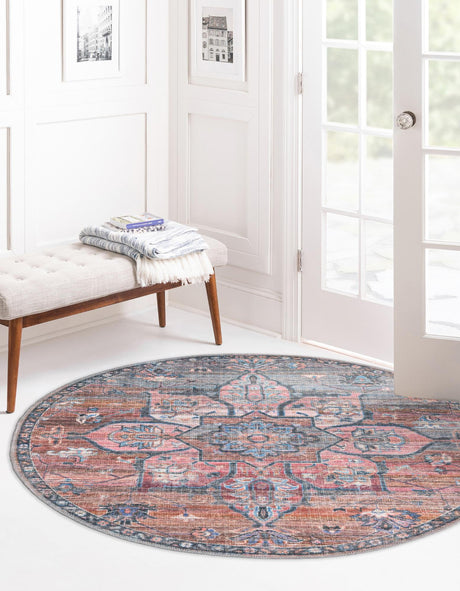 Washable Multicolor 4' 1 x 4' 1 Nostalgia Round Area Rug Easy to Clean Stain Resistant & Durable Polyester Chenille Vintage Distressed Carpet for Sale at Rug Engine