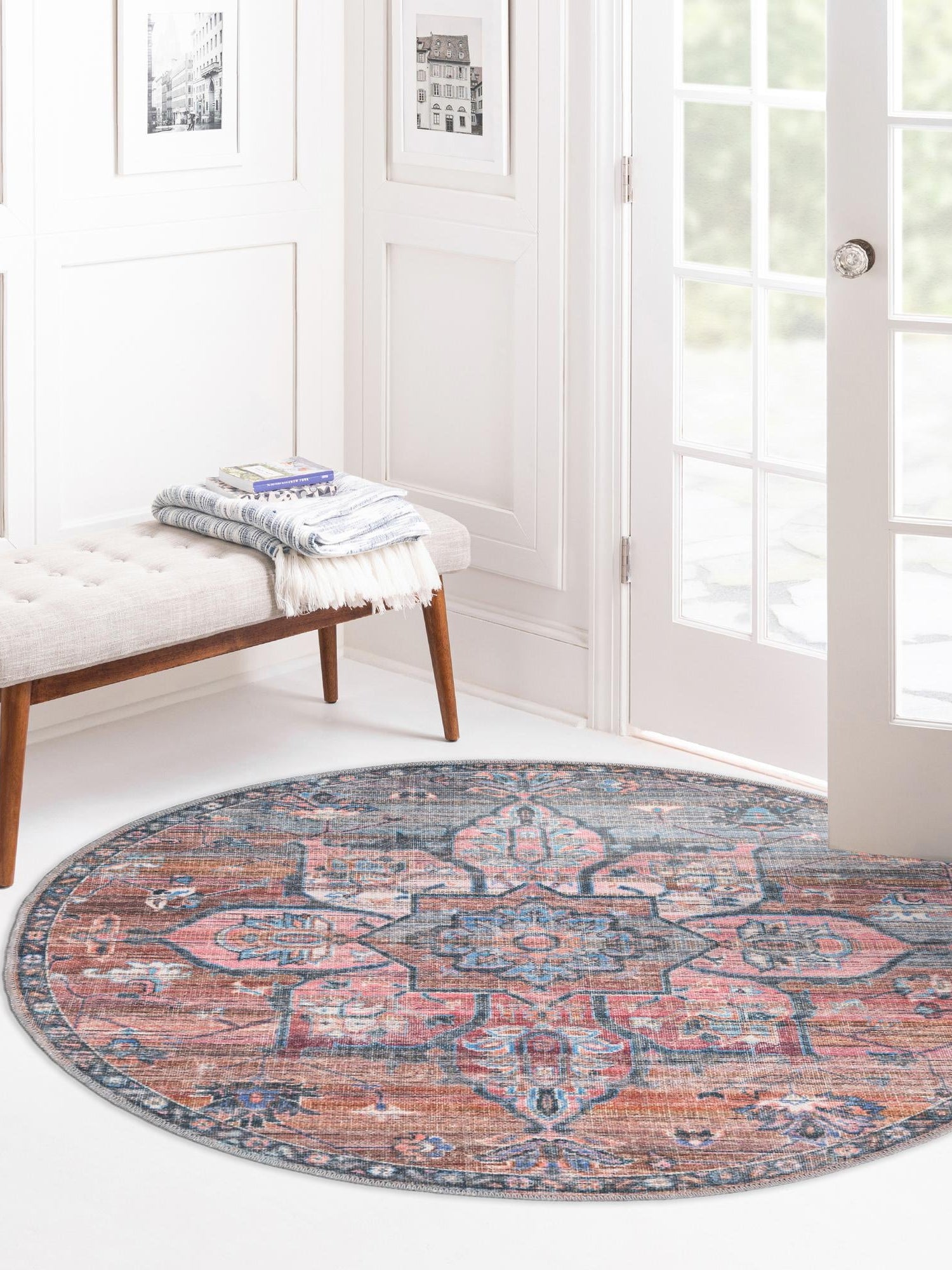 Washable Multicolor 3' 3 x 3' 3 Nostalgia Round Area Rug Easy to Clean Stain Resistant & Durable Polyester Chenille Vintage Distressed Carpet for Sale at Rug Engine