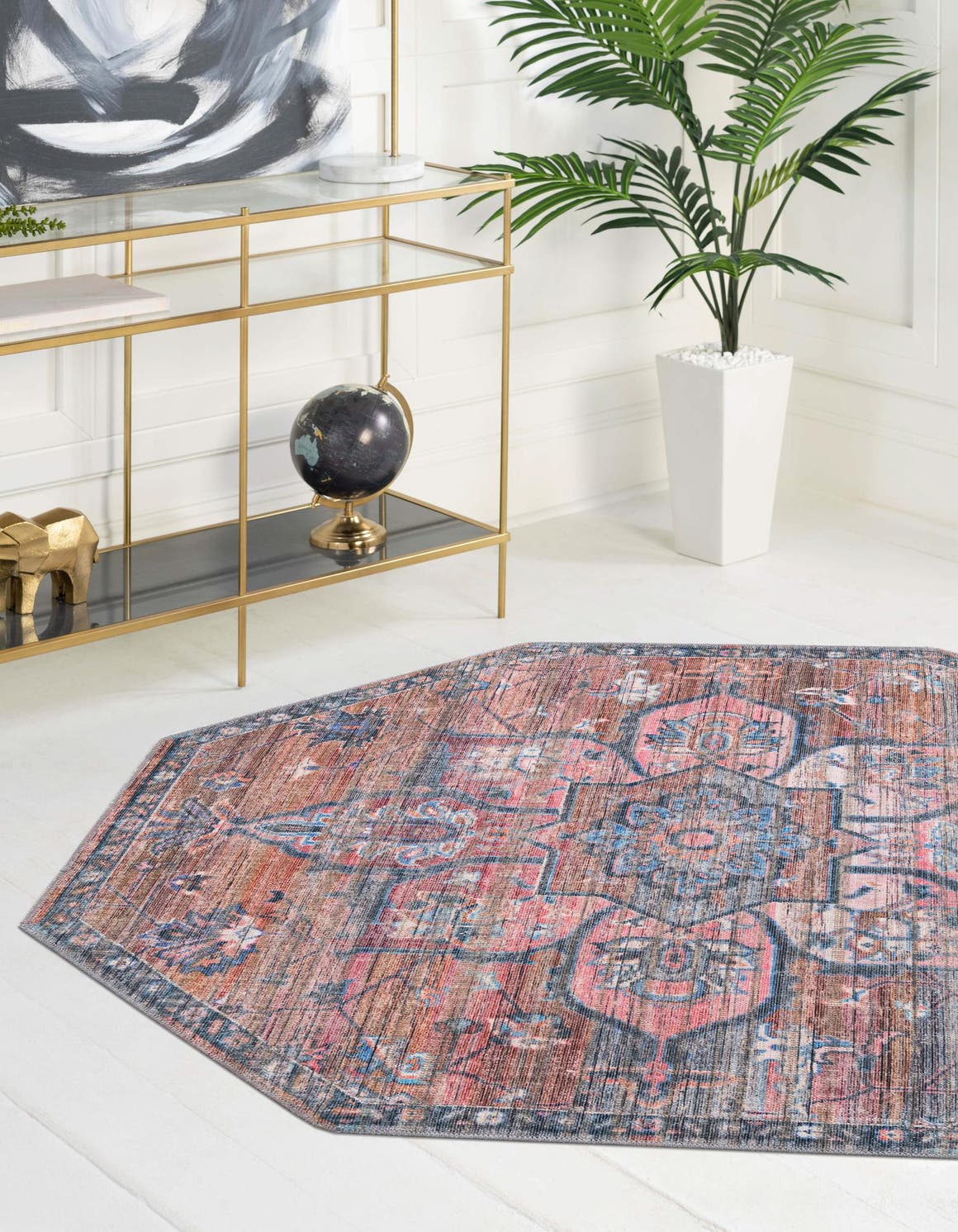 Washable Multicolor 7' 10 x 7' 10 Nostalgia Octagon Area Rug Easy to Clean Stain Resistant & Durable Polyester Chenille Vintage Distressed Carpet for Sale at Rug Engine