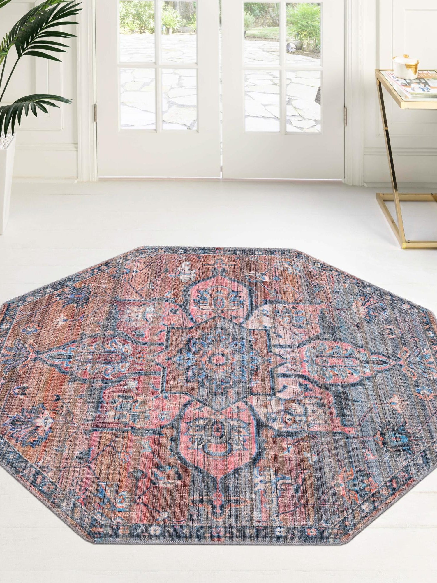 Washable Multicolor 5' 3 x 5' 3 Nostalgia Octagon Area Rug Easy to Clean Stain Resistant & Durable Polyester Chenille Vintage Distressed Carpet for Sale at Rug Engine
