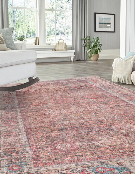 Washable Rust Red and Brown 6' 1 x 9' Nostalgia Rectangle Area Rug Easy to Clean Stain Resistant & Durable Polyester Chenille Vintage Distressed Carpet for Sale at Rug Engine