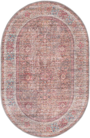 Washable Rust Red and Brown 4' 1 x 6' 1 Nostalgia Oval Area Rug Easy to Clean Stain Resistant & Durable Polyester Chenille Vintage Distressed Carpet for Sale at Rug Engine