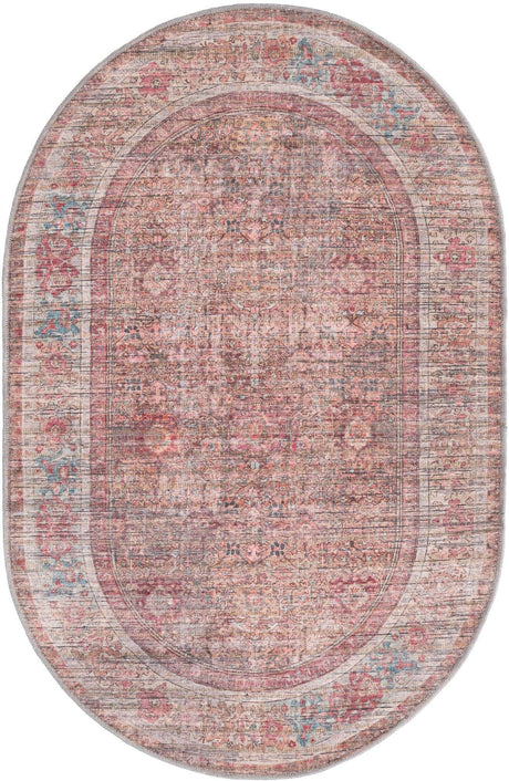 Washable Rust Red and Brown 4' 1 x 6' 1 Nostalgia Oval Area Rug Easy to Clean Stain Resistant & Durable Polyester Chenille Vintage Distressed Carpet for Sale at Rug Engine