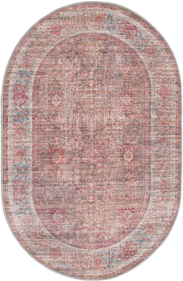 Washable Rust Red and Brown 4' 1 x 6' 1 Nostalgia Oval Area Rug Easy to Clean Stain Resistant & Durable Polyester Chenille Vintage Distressed Carpet for Sale at Rug Engine