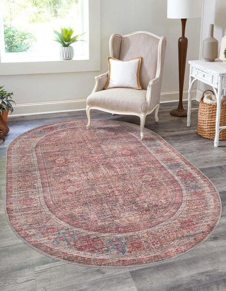 Washable Rust Red and Brown 4' 1 x 6' 1 Nostalgia Oval Area Rug Easy to Clean Stain Resistant & Durable Polyester Chenille Vintage Distressed Carpet for Sale at Rug Engine