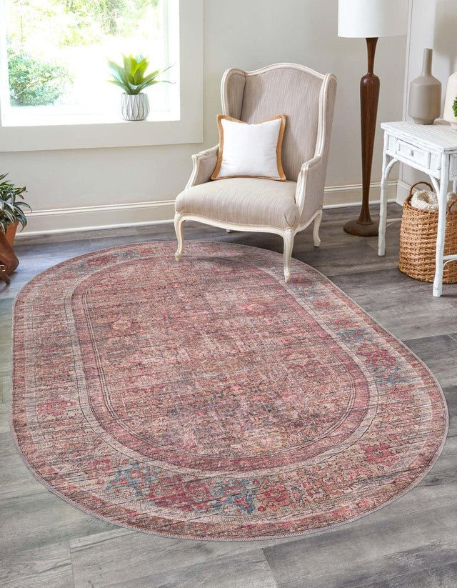 Washable Rust Red and Brown 4' 1 x 6' 1 Nostalgia Oval Area Rug Easy to Clean Stain Resistant & Durable Polyester Chenille Vintage Distressed Carpet for Sale at Rug Engine