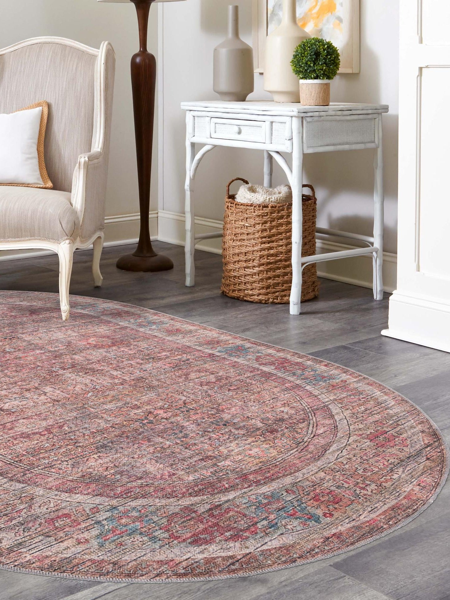 Washable Rust Red and Brown 7' 10 x 10' Nostalgia Oval Area Rug Easy to Clean Stain Resistant & Durable Polyester Chenille Vintage Distressed Carpet for Sale at Rug Engine