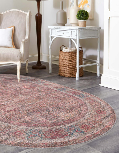 Washable Rust Red and Brown 7' 10 x 10' Nostalgia Oval Area Rug Easy to Clean Stain Resistant & Durable Polyester Chenille Vintage Distressed Carpet for Sale at Rug Engine