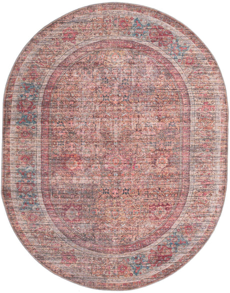Washable Rust Red and Brown 7' 10 x 10' Nostalgia Oval Area Rug Easy to Clean Stain Resistant & Durable Polyester Chenille Vintage Distressed Carpet for Sale at Rug Engine