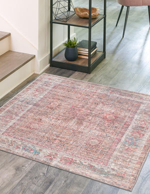 Washable Rust Red and Brown 7' 10 x 7' 10 Nostalgia Square Area Rug Easy to Clean Stain Resistant & Durable Polyester Chenille Vintage Distressed Carpet for Sale at Rug Engine
