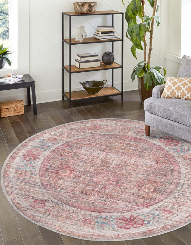 Washable Rust Red and Brown 7' 10 x 7' 10 Nostalgia Round Area Rug Easy to Clean Stain Resistant & Durable Polyester Chenille Vintage Distressed Carpet for Sale at Rug Engine