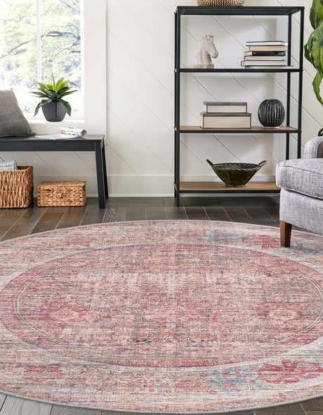 Washable Rust Red and Brown 4' 1 x 4' 1 Nostalgia Round Area Rug Easy to Clean Stain Resistant & Durable Polyester Chenille Vintage Distressed Carpet for Sale at Rug Engine