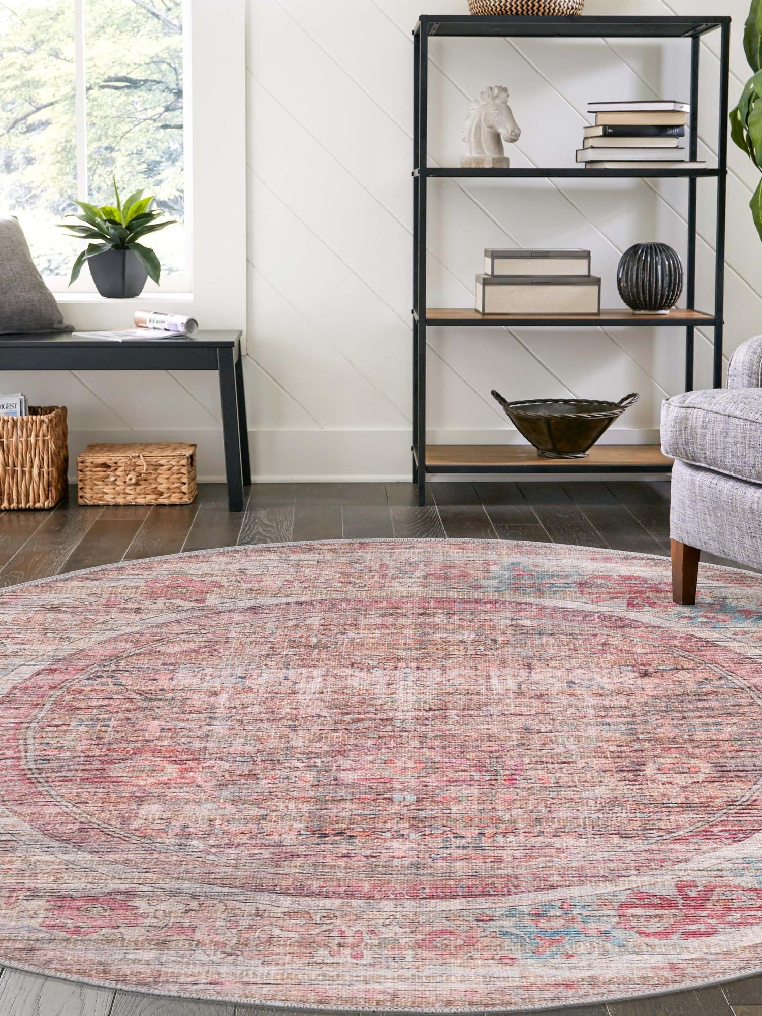 Washable Rust Red and Brown 3' 3 x 3' 3 Nostalgia Round Area Rug Easy to Clean Stain Resistant & Durable Polyester Chenille Vintage Distressed Carpet for Sale at Rug Engine