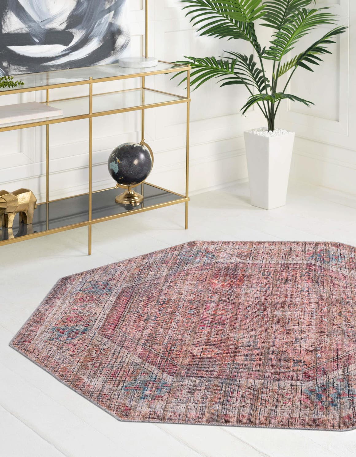Washable Rust Red and Brown 5' 3 x 5' 3 Nostalgia Octagon Area Rug Easy to Clean Stain Resistant & Durable Polyester Chenille Vintage Distressed Carpet for Sale at Rug Engine