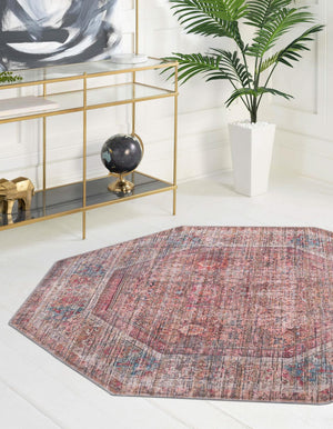 Washable Rust Red and Brown 5' 3 x 5' 3 Nostalgia Octagon Area Rug Easy to Clean Stain Resistant & Durable Polyester Chenille Vintage Distressed Carpet for Sale at Rug Engine