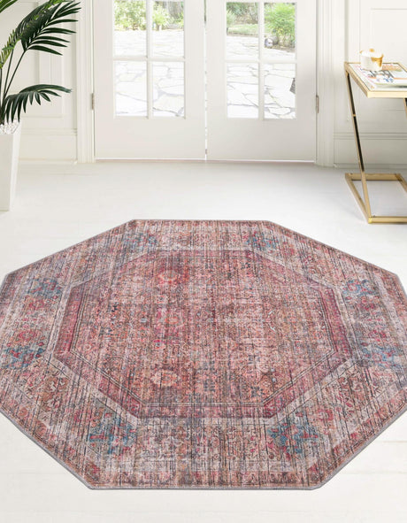 Washable Rust Red and Brown 5' 3 x 5' 3 Nostalgia Octagon Area Rug Easy to Clean Stain Resistant & Durable Polyester Chenille Vintage Distressed Carpet for Sale at Rug Engine