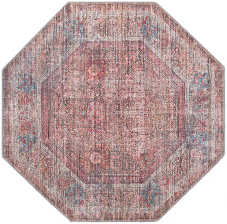 Washable Rust Red and Brown 5' 3 x 5' 3 Nostalgia Octagon Area Rug Easy to Clean Stain Resistant & Durable Polyester Chenille Vintage Distressed Carpet for Sale at Rug Engine