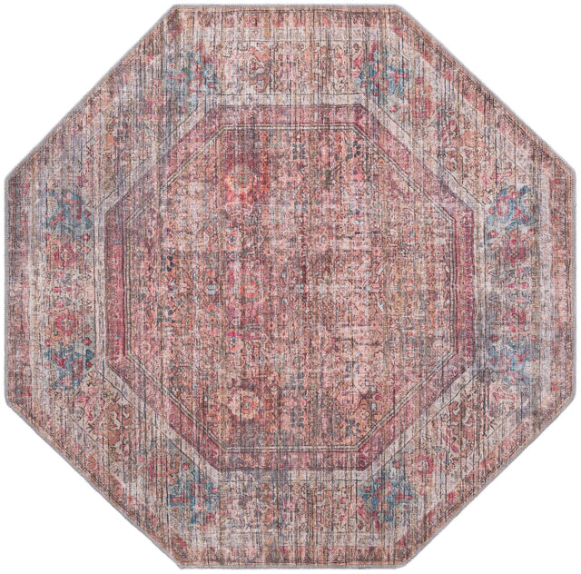 Washable Rust Red and Brown 5' 3 x 5' 3 Nostalgia Octagon Area Rug Easy to Clean Stain Resistant & Durable Polyester Chenille Vintage Distressed Carpet for Sale at Rug Engine