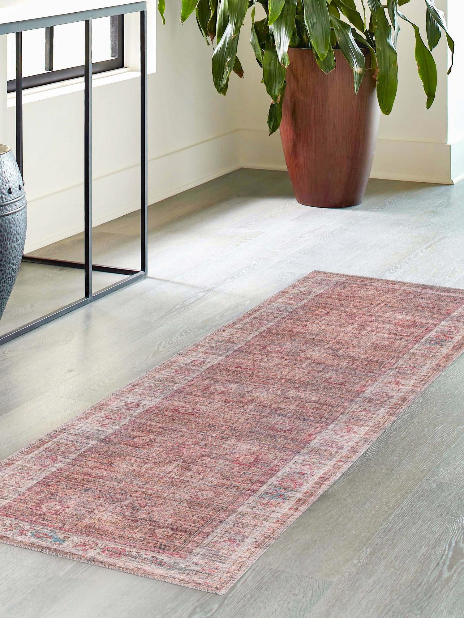 Washable Rust Red and Brown 2' 7 x 12' Nostalgia Runner Area Rug Easy to Clean Stain Resistant & Durable Polyester Chenille Vintage Distressed Carpet for Sale at Rug Engine
