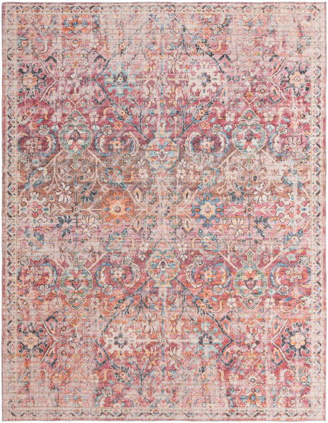 Washable Ivory and Pink 9' 2 x 12' Nostalgia Rectangle Area Rug Easy to Clean Stain Resistant & Durable Polyester Chenille Vintage Distressed Carpet for Sale at Rug Engine