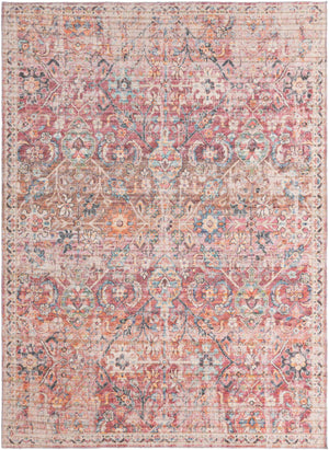 Washable Ivory and Pink 7' 3 x 10' Nostalgia Rectangle Area Rug Easy to Clean Stain Resistant & Durable Polyester Chenille Vintage Distressed Carpet for Sale at Rug Engine