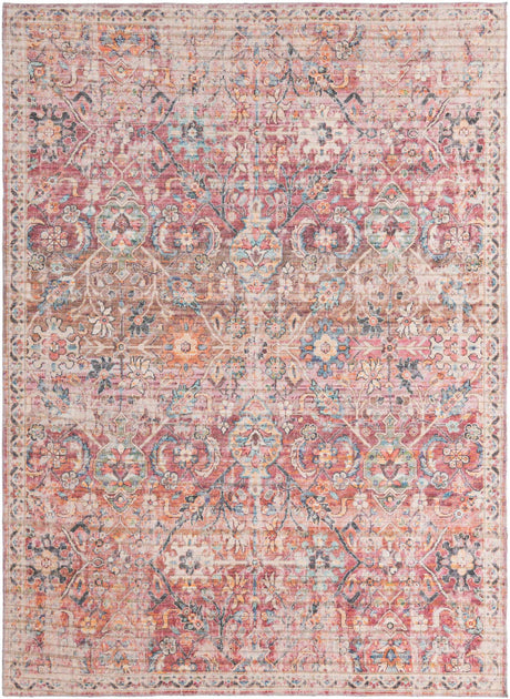 Washable Ivory and Pink 7' 3 x 10' Nostalgia Rectangle Area Rug Easy to Clean Stain Resistant & Durable Polyester Chenille Vintage Distressed Carpet for Sale at Rug Engine