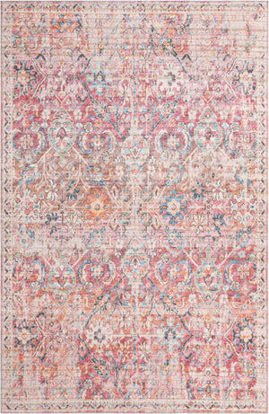Washable Ivory and Pink 6' 1 x 9' Nostalgia Rectangle Area Rug Easy to Clean Stain Resistant & Durable Polyester Chenille Vintage Distressed Carpet for Sale at Rug Engine