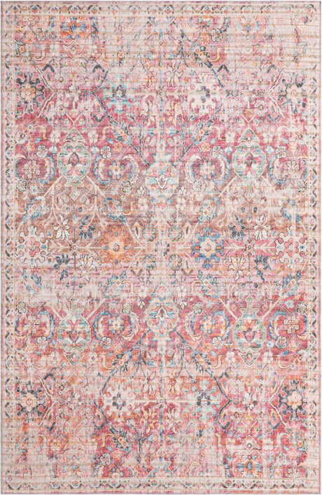 Washable Ivory and Pink 6' 1 x 9' Nostalgia Rectangle Area Rug Easy to Clean Stain Resistant & Durable Polyester Chenille Vintage Distressed Carpet for Sale at Rug Engine