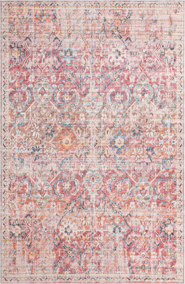 Washable Ivory and Pink 6' 1 x 9' Nostalgia Rectangle Area Rug Easy to Clean Stain Resistant & Durable Polyester Chenille Vintage Distressed Carpet for Sale at Rug Engine