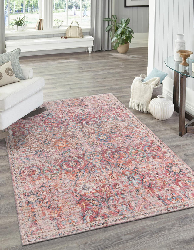 Washable Ivory and Pink 3' 3 x 5' 3 Nostalgia Rectangle Area Rug Easy to Clean Stain Resistant & Durable Polyester Chenille Vintage Distressed Carpet for Sale at Rug Engine