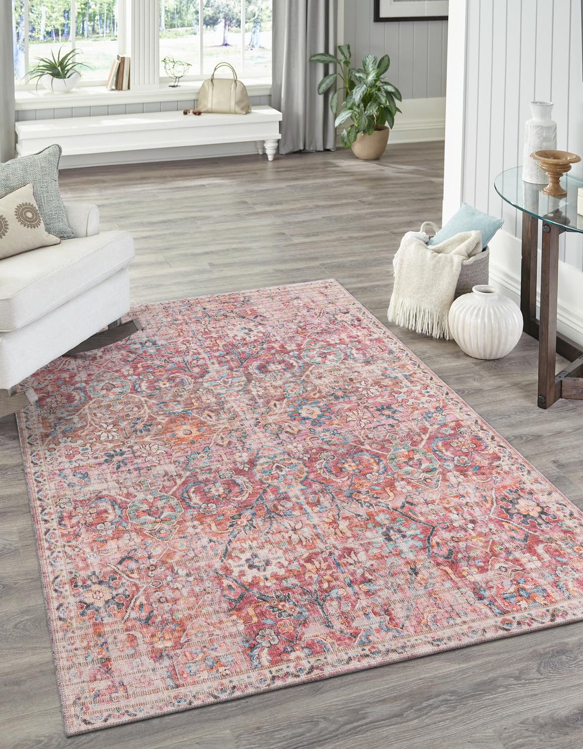 Washable Ivory and Pink 10' 6 x 13' 1 Nostalgia Rectangle Area Rug Easy to Clean Stain Resistant & Durable Polyester Chenille Vintage Distressed Carpet for Sale at Rug Engine