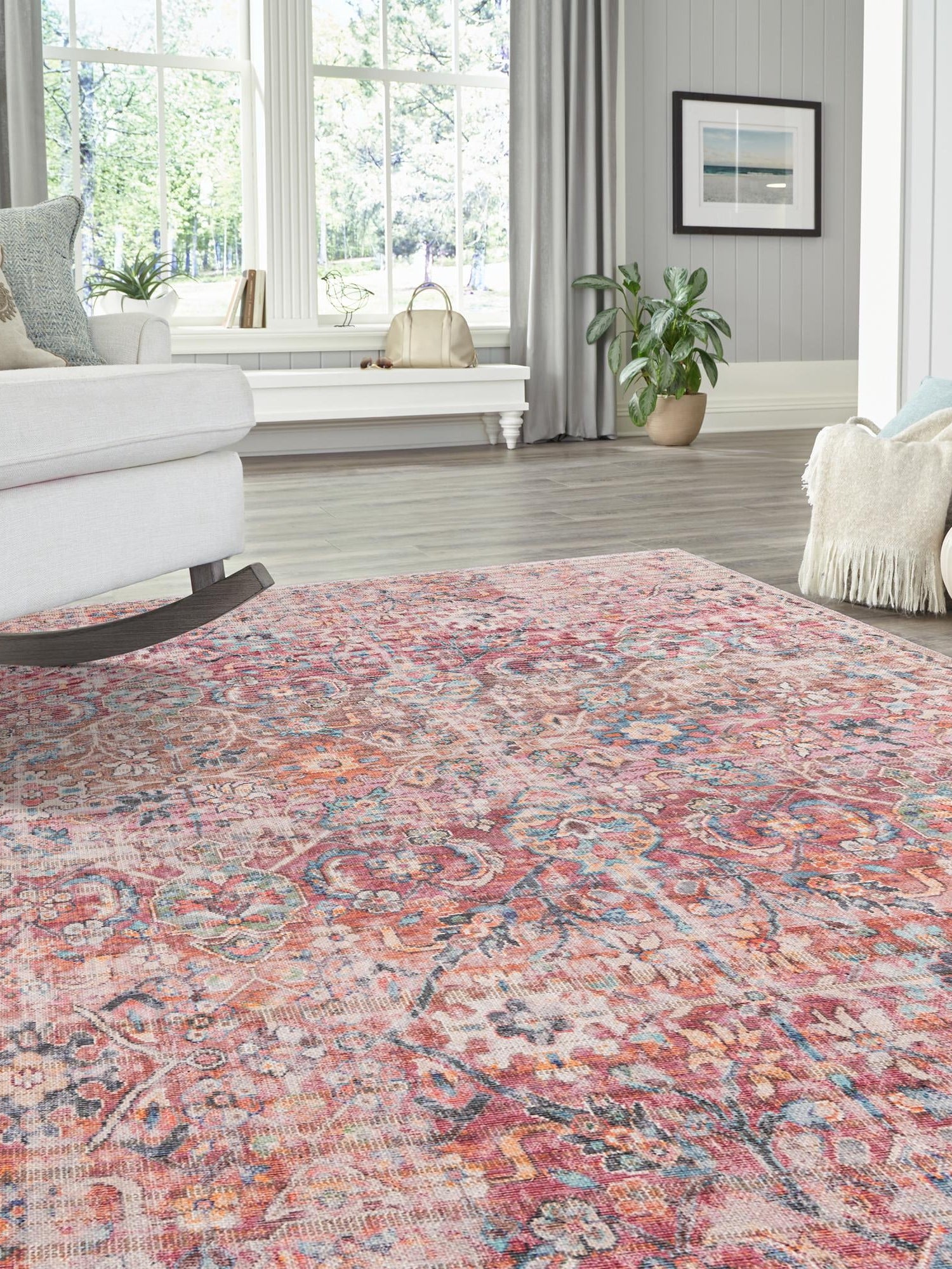 Washable Ivory and Pink 10' 6 x 13' 1 Nostalgia Rectangle Area Rug Easy to Clean Stain Resistant & Durable Polyester Chenille Vintage Distressed Carpet for Sale at Rug Engine