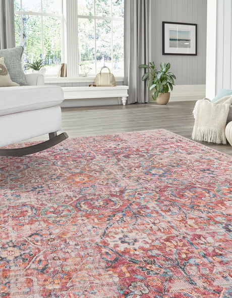 Washable Ivory and Pink 7' 10 x 10' Nostalgia Rectangle Area Rug Easy to Clean Stain Resistant & Durable Polyester Chenille Vintage Distressed Carpet for Sale at Rug Engine