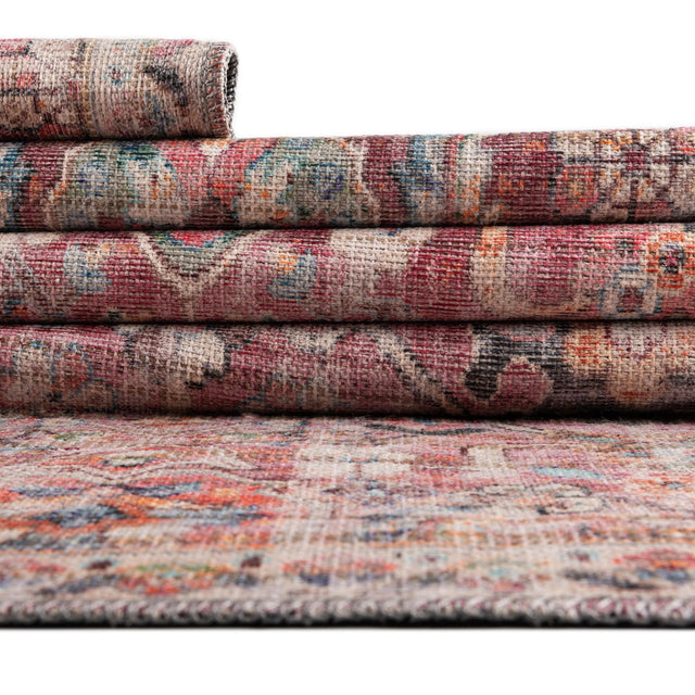 Washable Ivory and Pink 5' 3 x 8' Nostalgia Rectangle Area Rug Easy to Clean Stain Resistant & Durable Polyester Chenille Vintage Distressed Carpet for Sale at Rug Engine