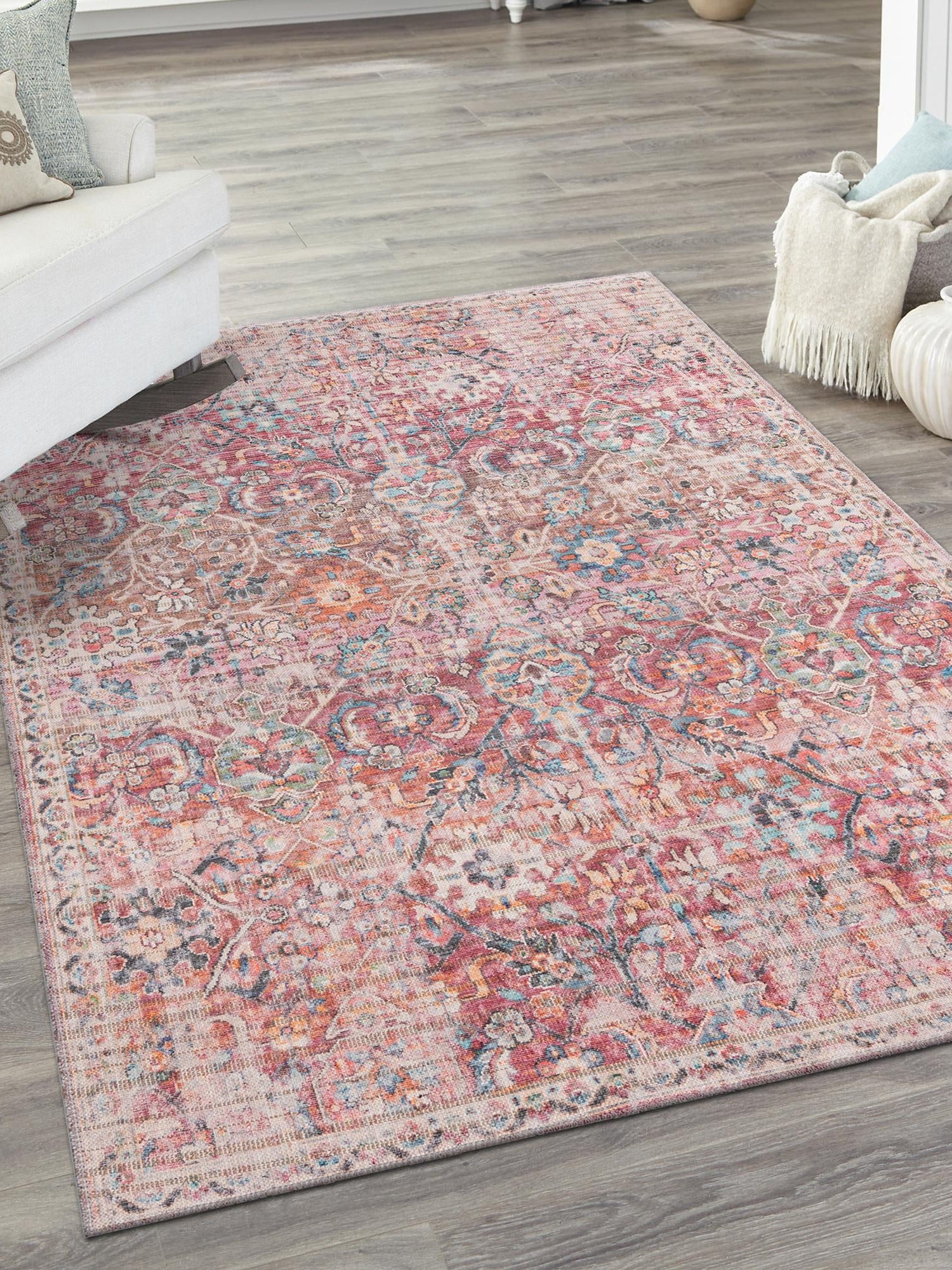 Washable Ivory and Pink 5' 3 x 8' Nostalgia Rectangle Area Rug Easy to Clean Stain Resistant & Durable Polyester Chenille Vintage Distressed Carpet for Sale at Rug Engine