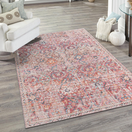 Washable Ivory and Pink 5' 3 x 8' Nostalgia Rectangle Area Rug Easy to Clean Stain Resistant & Durable Polyester Chenille Vintage Distressed Carpet for Sale at Rug Engine
