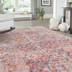 Washable Ivory and Pink 4' 1 x 6' 1 Nostalgia Rectangle Area Rug Easy to Clean Stain Resistant & Durable Polyester Chenille Vintage Distressed Carpet for Sale at Rug Engine