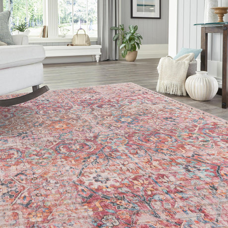 Washable Ivory and Pink 4' 1 x 6' 1 Nostalgia Rectangle Area Rug Easy to Clean Stain Resistant & Durable Polyester Chenille Vintage Distressed Carpet for Sale at Rug Engine