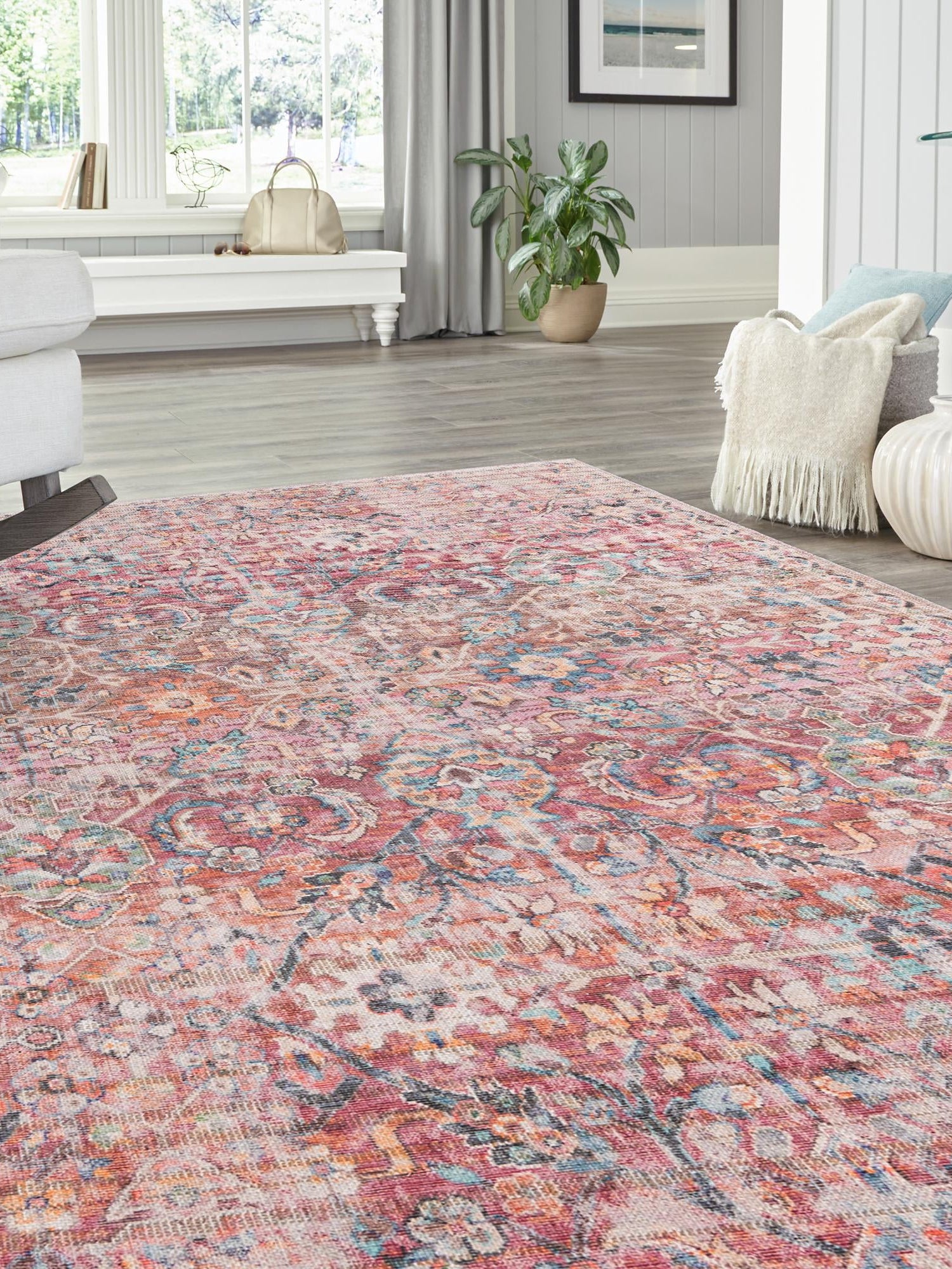 Washable Ivory and Pink 5' 3 x 8' Nostalgia Rectangle Area Rug Easy to Clean Stain Resistant & Durable Polyester Chenille Vintage Distressed Carpet for Sale at Rug Engine