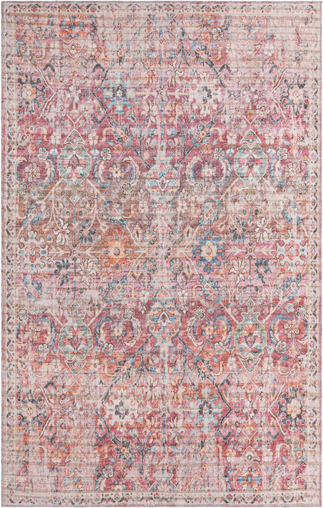 Washable Ivory and Pink 5' 3 x 8' Nostalgia Rectangle Area Rug Easy to Clean Stain Resistant & Durable Polyester Chenille Vintage Distressed Carpet for Sale at Rug Engine