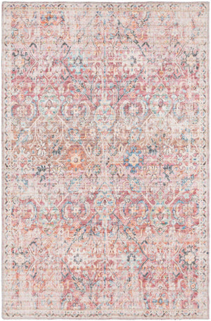 Washable Ivory and Pink 4' 1 x 6' 1 Nostalgia Rectangle Area Rug Easy to Clean Stain Resistant & Durable Polyester Chenille Vintage Distressed Carpet for Sale at Rug Engine
