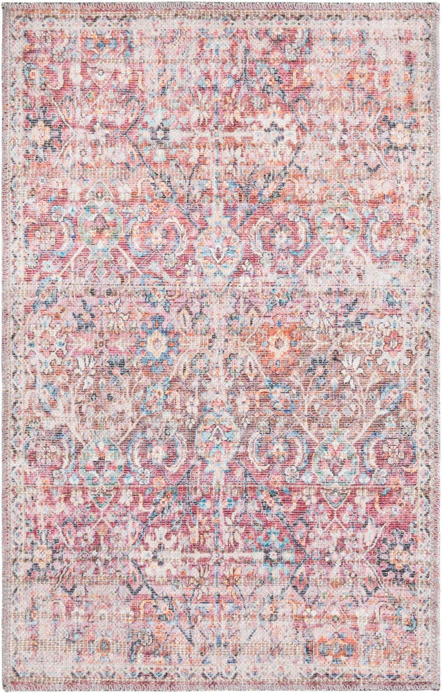 Washable Ivory and Pink 2' x 3' 1 Nostalgia Rectangle Area Rug Easy to Clean Stain Resistant & Durable Polyester Chenille Vintage Distressed Carpet for Sale at Rug Engine