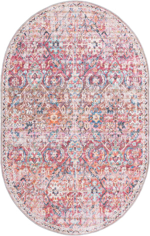 Washable Ivory and Pink 4' 1 x 6' 1 Nostalgia Oval Area Rug Easy to Clean Stain Resistant & Durable Polyester Chenille Vintage Distressed Carpet for Sale at Rug Engine