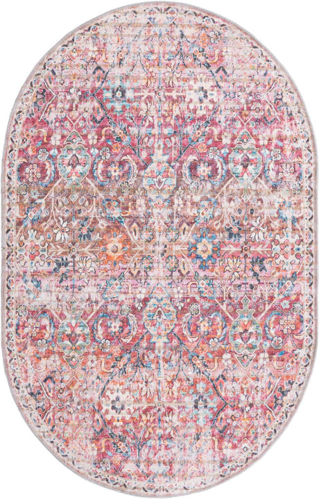 Washable Ivory and Pink 4' 1 x 6' 1 Nostalgia Oval Area Rug Easy to Clean Stain Resistant & Durable Polyester Chenille Vintage Distressed Carpet for Sale at Rug Engine
