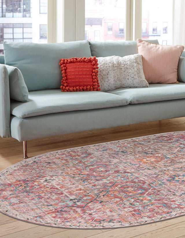 Washable Ivory and Pink 7' 10 x 10' Nostalgia Oval Area Rug Easy to Clean Stain Resistant & Durable Polyester Chenille Vintage Distressed Carpet for Sale at Rug Engine