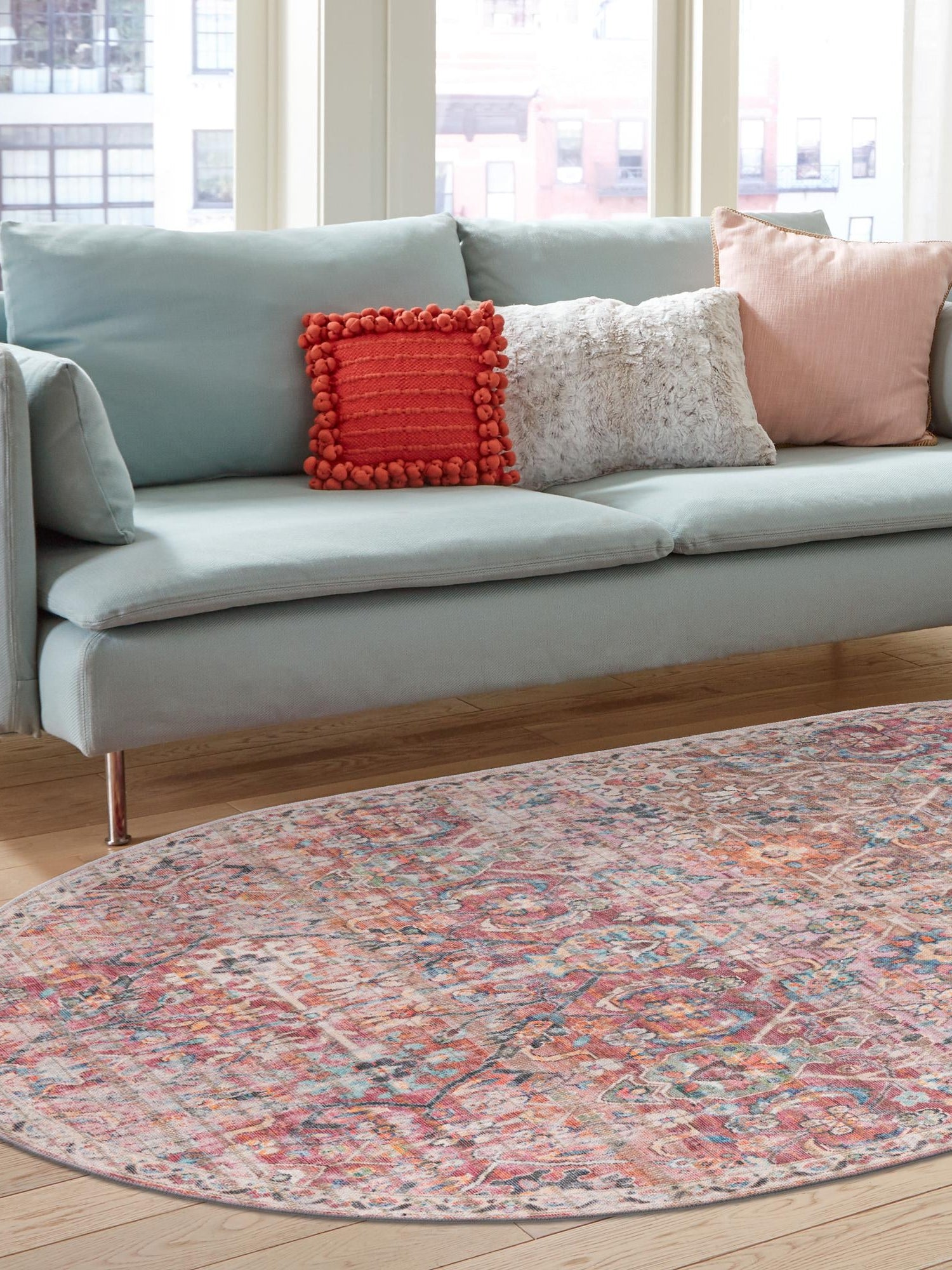 Washable Ivory and Pink 5' 3 x 8' Nostalgia Oval Area Rug Easy to Clean Stain Resistant & Durable Polyester Chenille Vintage Distressed Carpet for Sale at Rug Engine