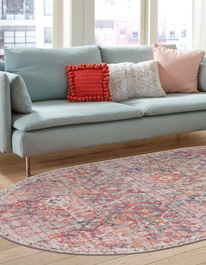 Washable Ivory and Pink 4' 1 x 6' 1 Nostalgia Oval Area Rug Easy to Clean Stain Resistant & Durable Polyester Chenille Vintage Distressed Carpet for Sale at Rug Engine