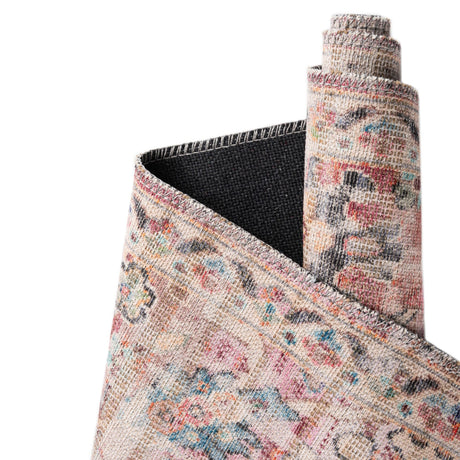 Washable Ivory and Pink 7' 10 x 10' Nostalgia Oval Area Rug Easy to Clean Stain Resistant & Durable Polyester Chenille Vintage Distressed Carpet for Sale at Rug Engine