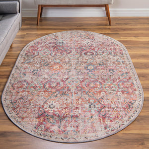 Washable Ivory and Pink 7' 10 x 10' Nostalgia Oval Area Rug Easy to Clean Stain Resistant & Durable Polyester Chenille Vintage Distressed Carpet for Sale at Rug Engine